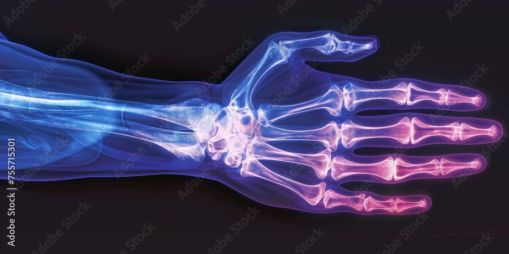 Xray of a human hand with blue and pink fluorescent effects, lifestyle concept - obrazy, fototapety, plakaty 