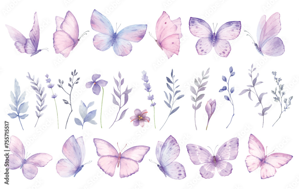 Φωτογραφία Pink violet butterflies vector clipart set