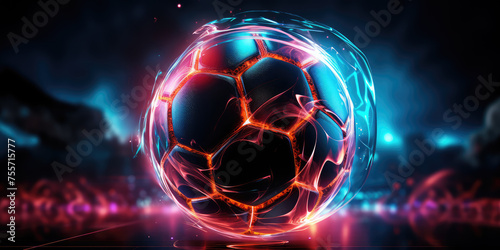 A glowing soccer ball with neon energy lines on a dark, electrified background. photo