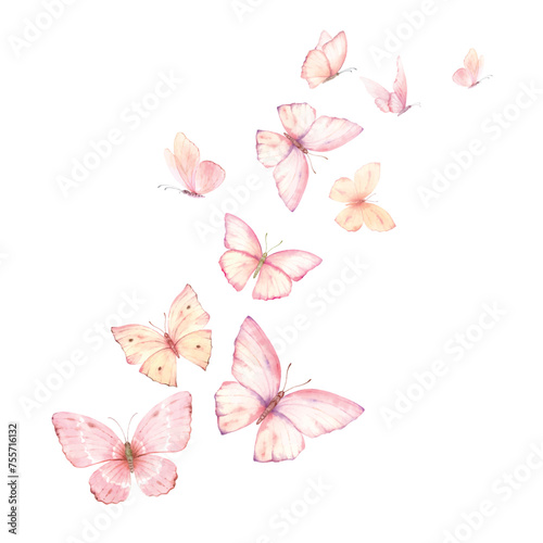 Pink peach flying vector watercolor butterflies. Excellent for wedding design, invitations, postcards. Hand painted illustration. © ElenaMedvedeva
