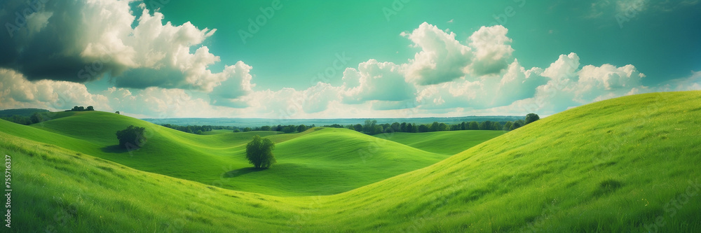 Fototapeta premium Lush Green Meadow Under Summer Sky With Rolling Hills