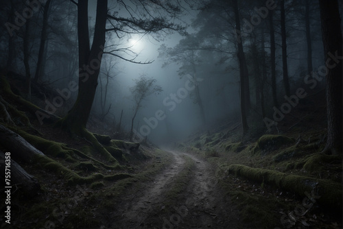 A Moonlit Path Through a Foggy Forest