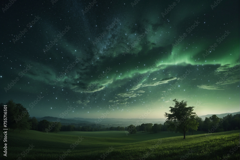 Fototapeta premium Green and Black Sky Filled With Stars