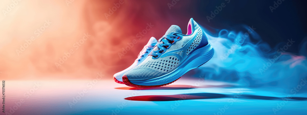 A modern running shoe enveloped in a cool mist against a dynamic blue and red background. - obrazy, fototapety, plakaty 