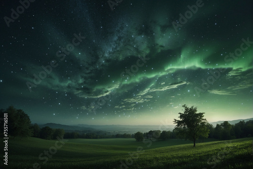 Green and Black Sky Filled With Stars