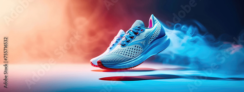 A modern running shoe enveloped in a cool mist against a dynamic blue and red background. photo