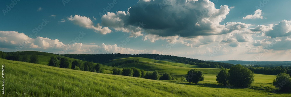 Fototapeta premium Rolling Green Meadow With Fluffy Clouds