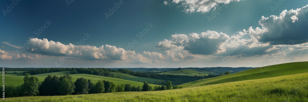 Obraz premium Fluffy Clouds Over Green Meadow Landscape