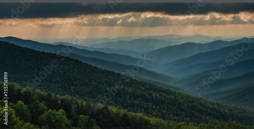 Panoramic View of the Blue Ridge Mountains at Sunset With Sunbeams