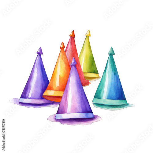 Party hats colorful watercolor illustration  cute vector graphic overlay of funky birthday party hat  isolated on whit background