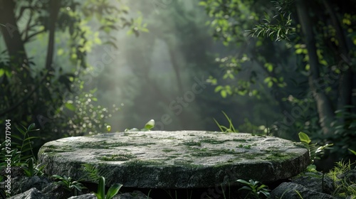 Flat stone podium in the magical forest , empty round stand background - generative ai