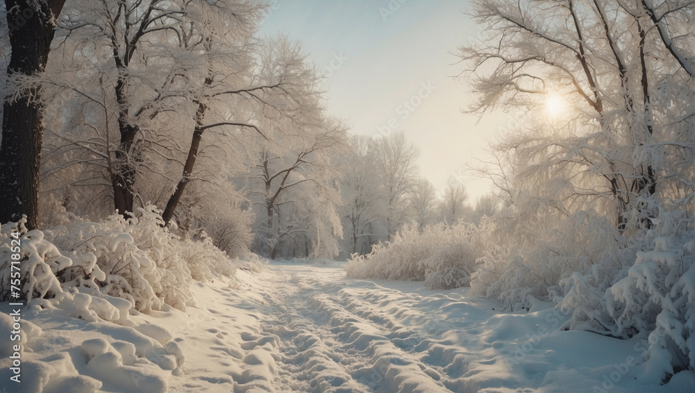 Snowy Winter Forest Path at Sunrise Snowy Winter Forest Path at Sunrise