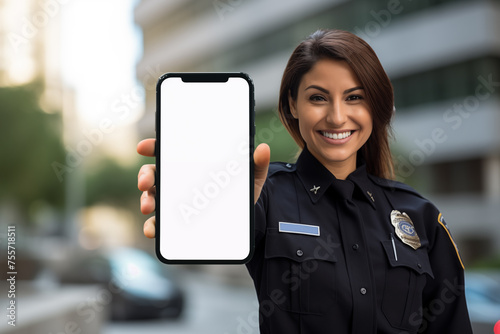 Policewoman holding blank screen smartphone mockup in city photo