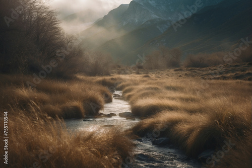 Stream Flowing Through Dry Grass Field photo