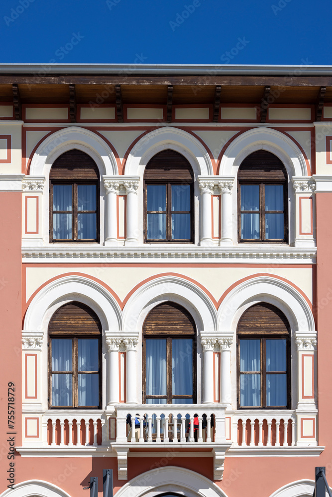 Facade of historic building on Marshal Tito Street, Porec, Croatia, Istria