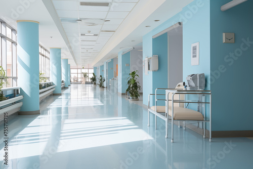  Empty hospital interior with no people. Generative AI