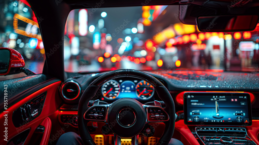 POV from the driver of car. Steering wheel, speedometer and dashboard in a luxury sports car POV from the driver of car. Steering wheel, speedometer and dashboard in a luxury sports car