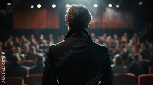 Back view of a motivational speaker is conducting a speech in front of an audience. Business conference, presentation, public speaking concept. Encouragement of people, rally speech, activism. 
