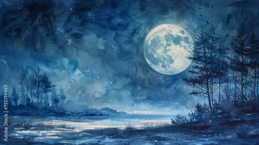 Fototapeta premium A realistic watercolor depiction of a full moon illuminating a peaceful nighttime scene, with soft shadows and a tranquil ambiance.
