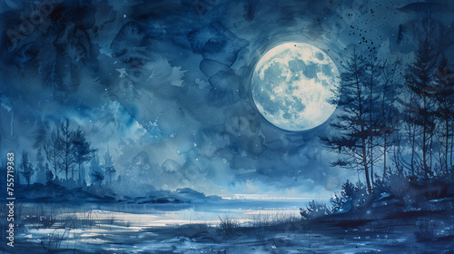 A realistic watercolor depiction of a full moon illuminating a peaceful nighttime scene, with soft shadows and a tranquil ambiance.