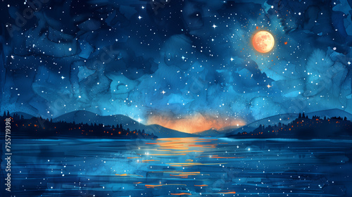 A watercolor painting of a full moon casts its soft glow on a mountain lake, with the night sky and the twinkling stars reflected on the water's surface.