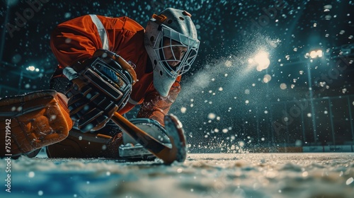 Hockey goaltender in action, concentrated man in uniform and helmet plying with stick on ice rink arena with flashlights photo