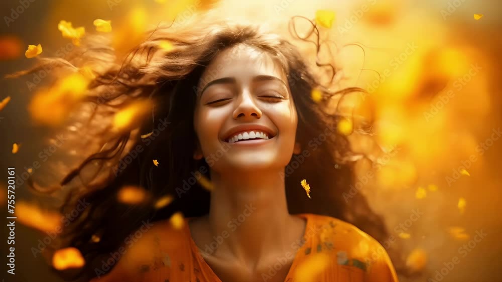 A joyful young woman with flowing hair surrounded by falling autumn leaves, happiness concept A joyful young woman with flowing hair surrounded by falling autumn leaves, happiness concept