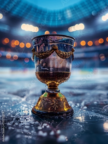 Golden trophy on ice rink with sparkling snowflakes and stadium lights background. Winning game