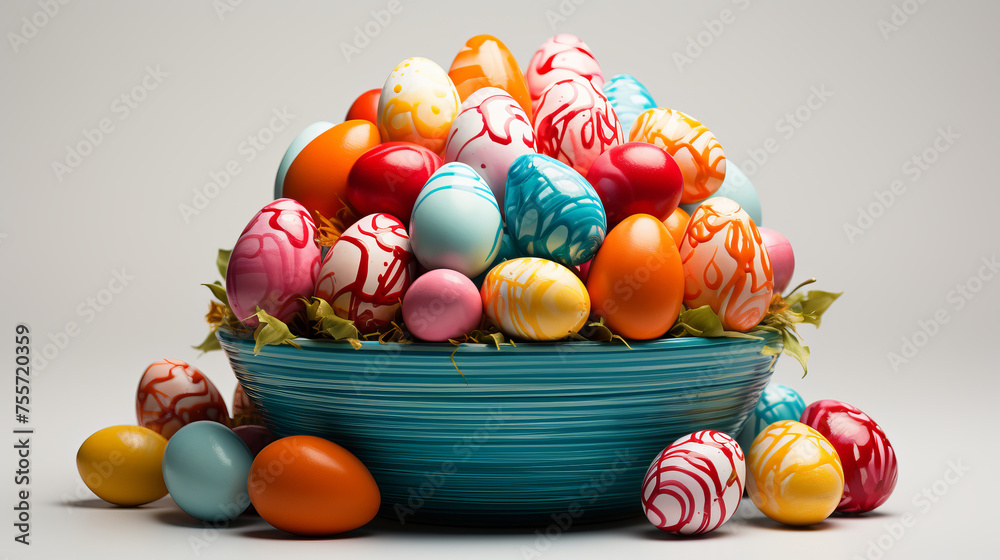 Colorful Easter basket filled with eggs on light background. Easter concept.