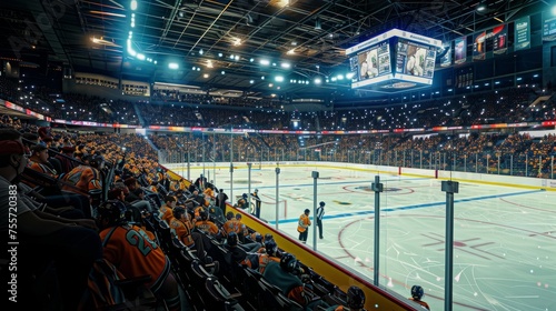 Wide-angle aerial view of a crowded ice hockey arena during a game with crowded tribune of sport fans