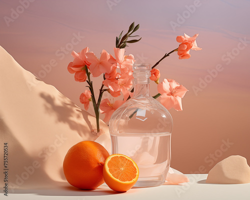 a bottle mockup of peach rose water next to a lime leaf