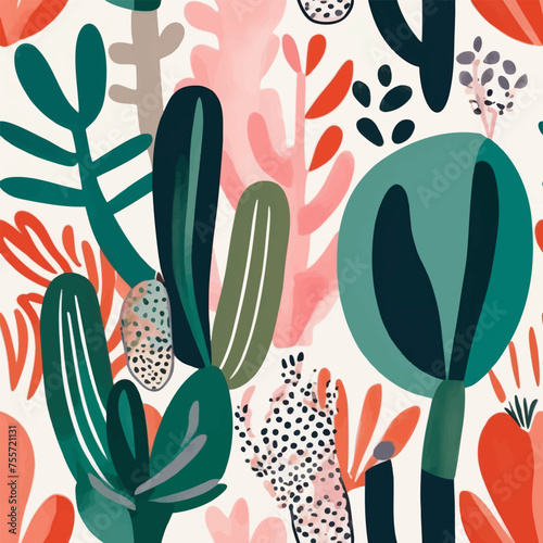 Сactaceous seamless pattern in green colors. Cacti and succulents print on white background for wrapping paper, textile etc. Flat plants from desert.