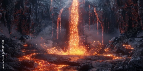 Fototapeta Naklejka Na Ścianę i Meble -  Lava waterfall with flowing lava from the active volcano during eruption, nature concept