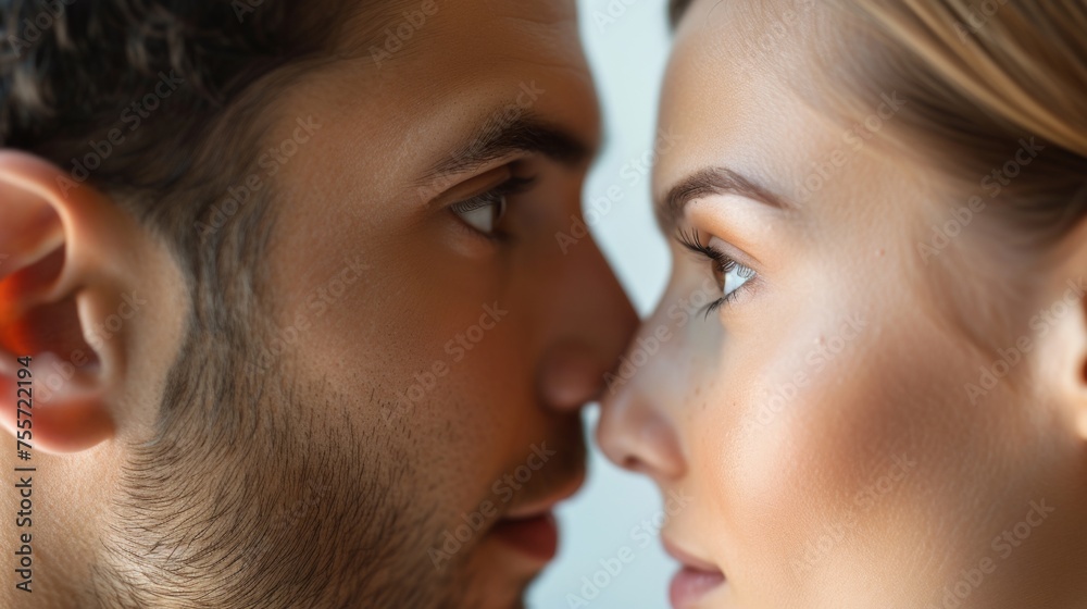 A young couple in love, standing close, looking into each others eyes with affection. They smile happily against a neutral background. Romantic and sweet moment captured. A young couple in love, standing close, looking into each others eyes with affection. They smile happily against a neutral background. Romantic and sweet moment captured.