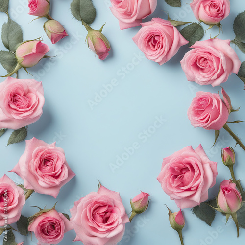 Pink roses on a blue background with space for text © Tatyana