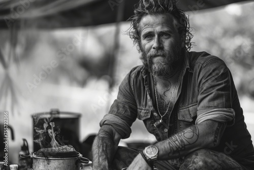 Wallpaper Mural Bearded man cooking on outdoor campfire. Outdoor living and adventure lifestyle concept. Design for travel blogs, wilderness survival guides, and rustic living editorials. Black and white portrait Torontodigital.ca