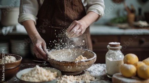 Person sprinkling flour in a bowl. Rustic kitchen scene with ingredients. Home baking and cooking concept. Design for recipe blog, cookbook, poster. Close-up with selective focus and copy space