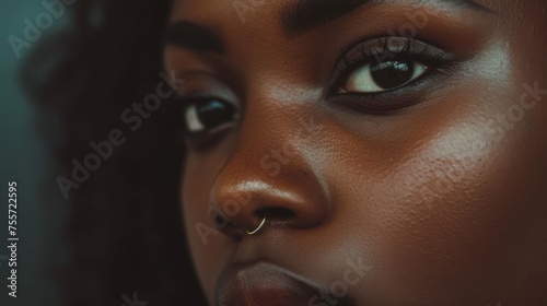 Wallpaper Mural A captivating close-up portrait of a young woman with flawless skin and piercing eyes, radiating depth and emotion. Warm tones and soft lighting enhance her natural beauty. Torontodigital.ca