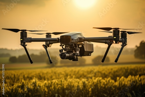 A precision agriculture drone hovering over a vast field, equipped with advanced sensors to monitor crop health, captured during a sunny morning with sharp, direct lighting.