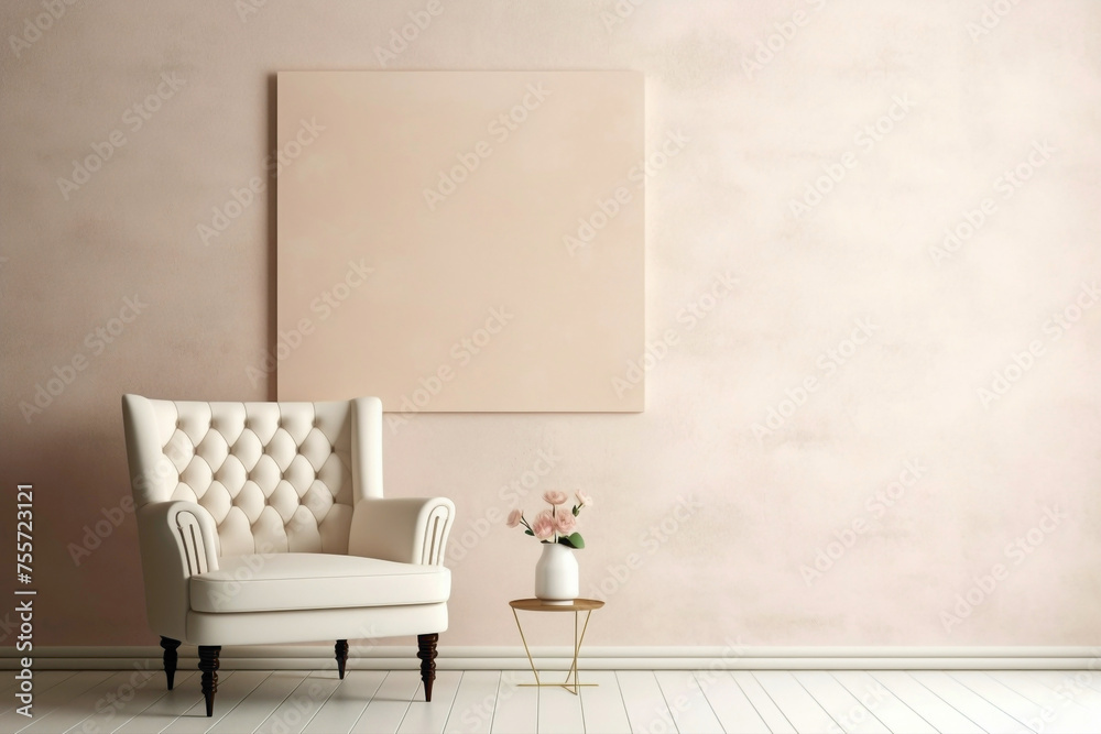 Beige chair and blank frame against a soft-colored wall. Beige chair and blank frame against a soft-colored wall.