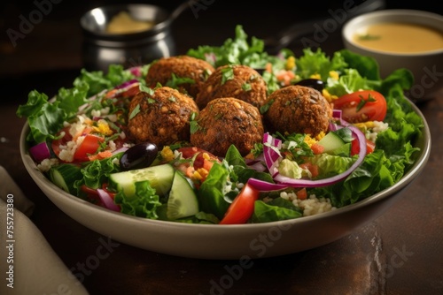 A wholesome falafel salad bowl with crispy patties, mixed greens, and a colorful array of vegetables, all elegantly drizzled with a tangy dressing.