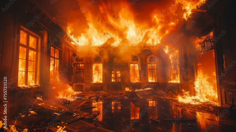 Obraz premium Fire rages through a multi - windowed room in a fierce blaze