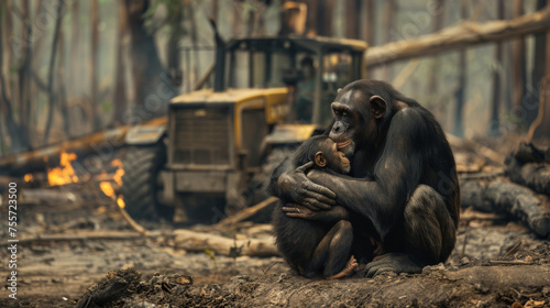 A family of chimpanzees hugged each other in a fire-ravaged forest, they were sad. Their homes quickly disappear to bulldozers and flames, environmental disaster, deforestation, Save animal wild