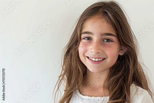 a closeup photo portrait of a cute beautiful young girl kid smiling with clean teeth. used for a dental ad. teen with fresh stylish long hair. isolated on white background. 