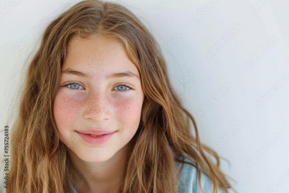 a closeup photo portrait of a cute beautiful young girl kid smiling with clean teeth. used for a dental ad. teen with fresh stylish long hair. isolated on white background. a closeup photo portrait of a cute beautiful young girl kid smiling with clean teeth. used for a dental ad. teen with fresh stylish long hair. isolated on white background.