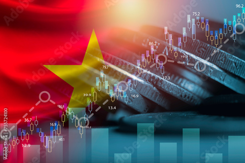 Double exposure among of coins stacking , stock market graph chat and Vietnam flag for Vietnam country is new born economy and high business development growth from many investment concept.