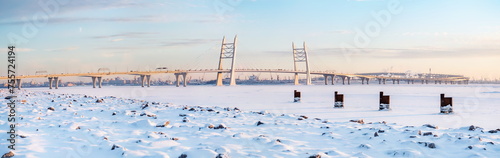 Cable-stayed bridge across the Korabelny fairway. Winter. Saint Petersburg. Russia