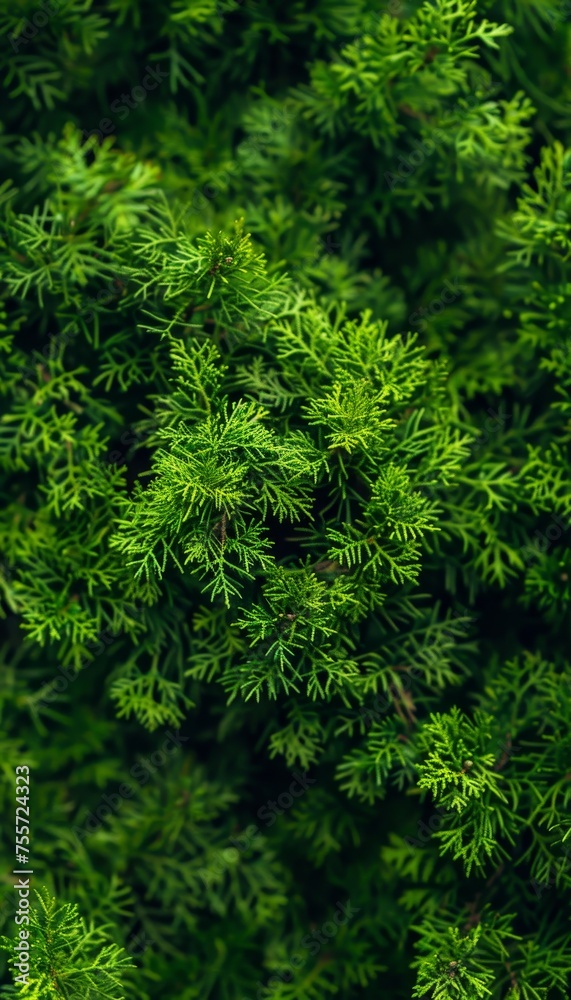 Sophisticated monochrome background with varied green thuja leaves for depth and interest.