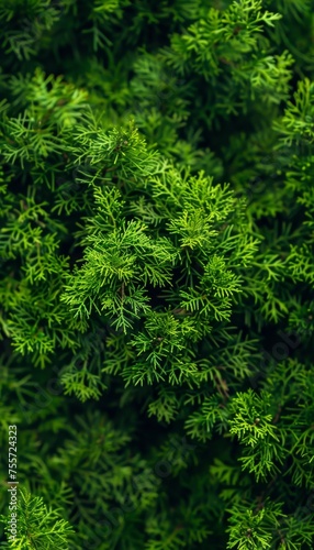 Sophisticated monochrome background with varied green thuja leaves for depth and interest.