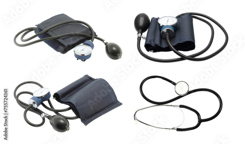 Set of Blood Pressure Measuring Equipment, isolated on transparent background, medical concepts